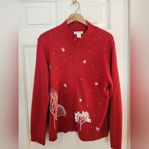 Orvis Red Winter Holiday Sweater Full Zip Embroidered Cotton Size Large Winter